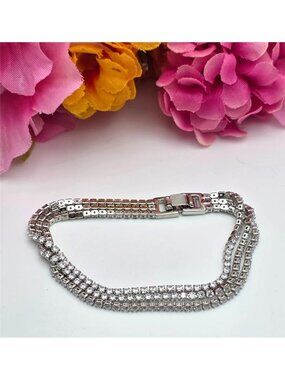 Silver Tone Clear Rhinestone Tennis Bracelet Triple Row 6.5" Fold Over Clasp